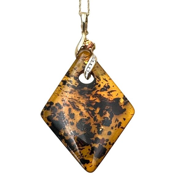 Unusual 14K Yellow Gold Amber Diamond Topaz Pendant 18" Chain Necklace 4.7 Grams - Picture 1 of 5